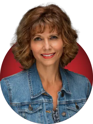 casual woman headshot on a red background