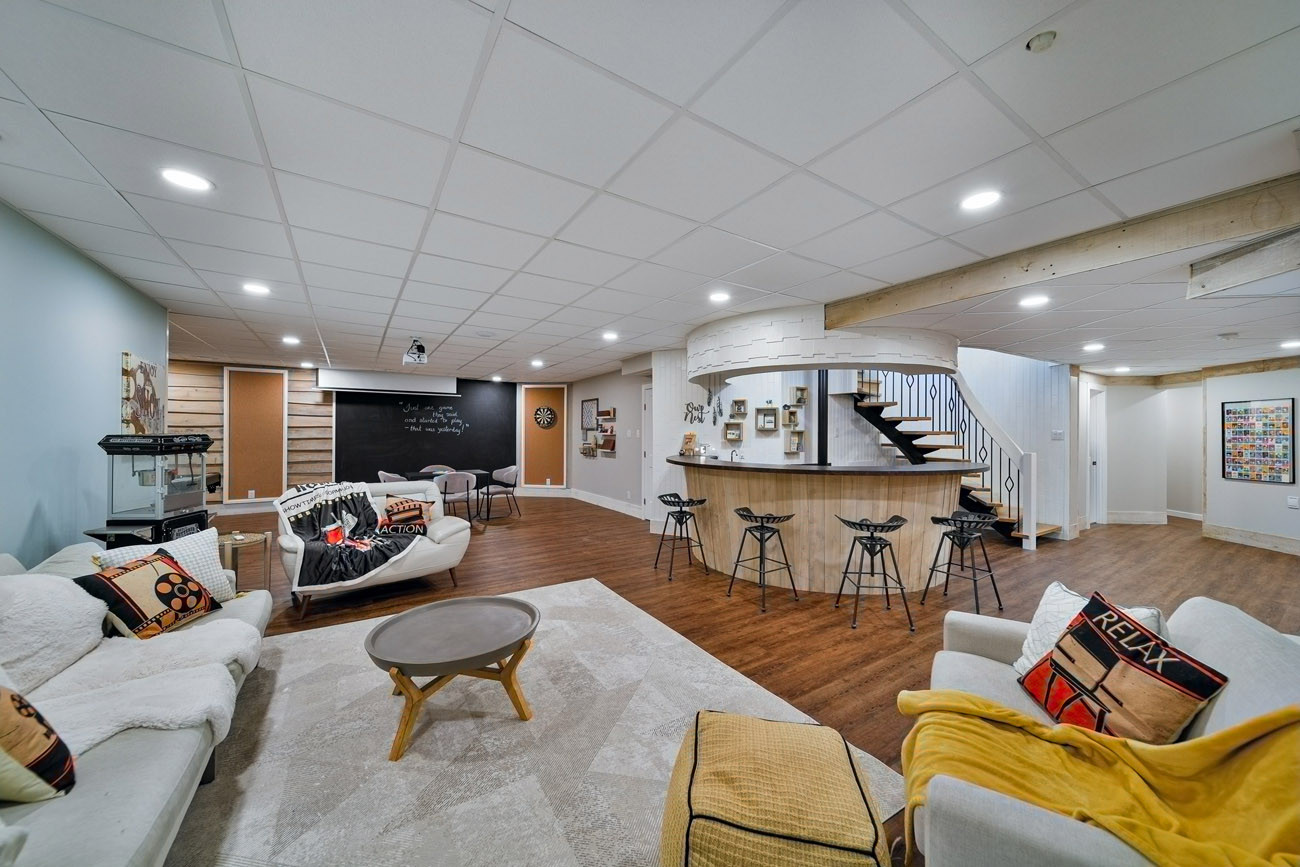 large bright basement with bar