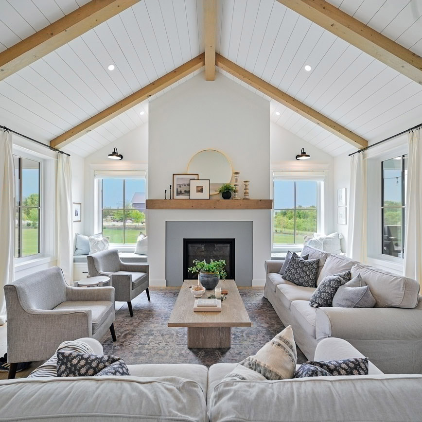 symetrical livingroom with wood beams