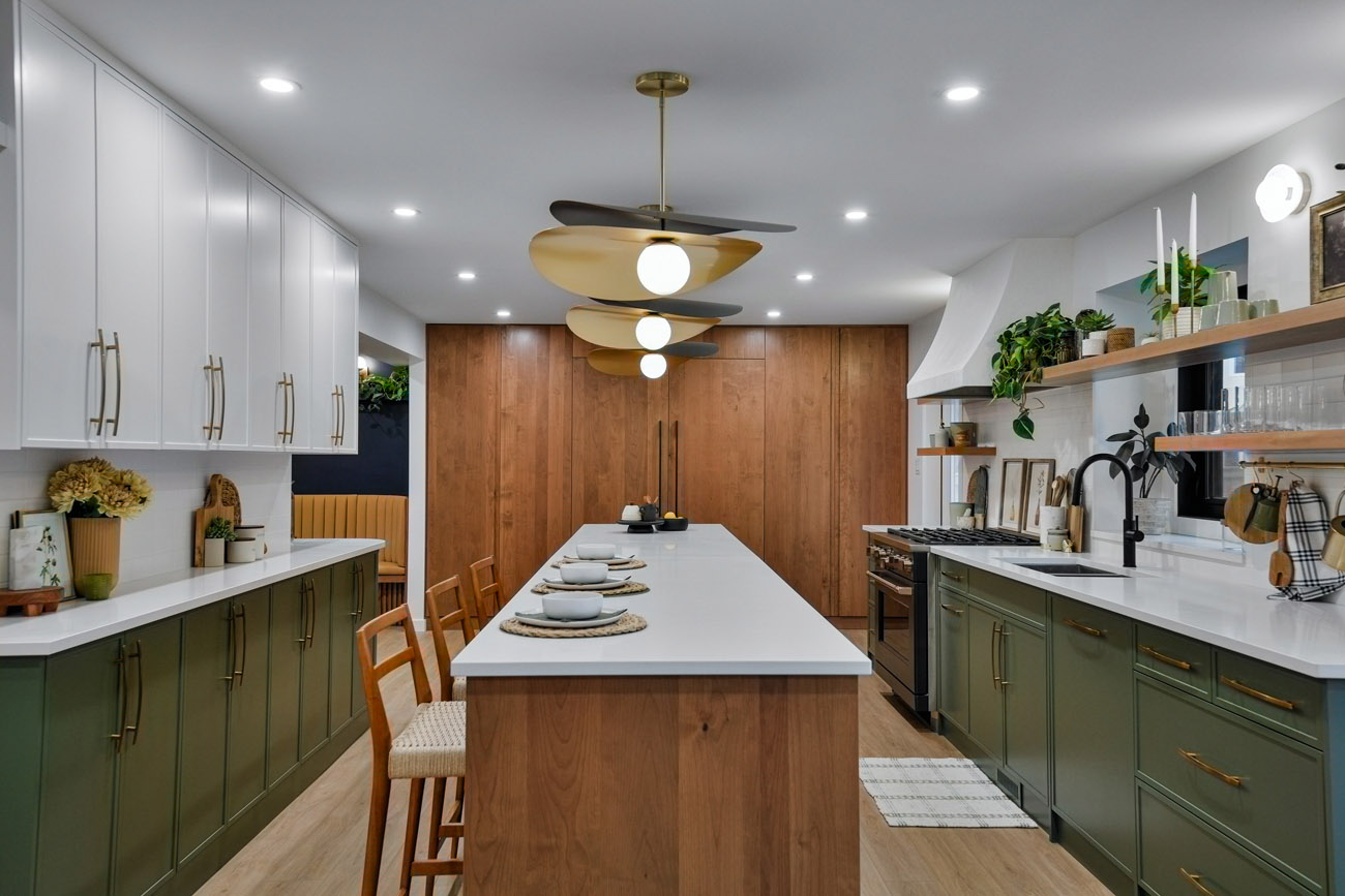 Kitchen island with designer lighting