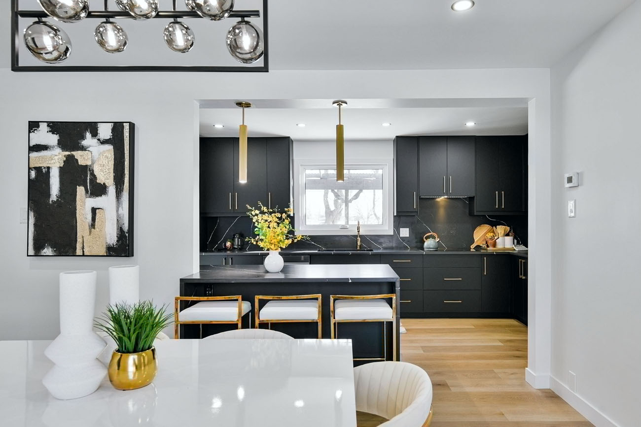 kitchen and dining area black and white theme