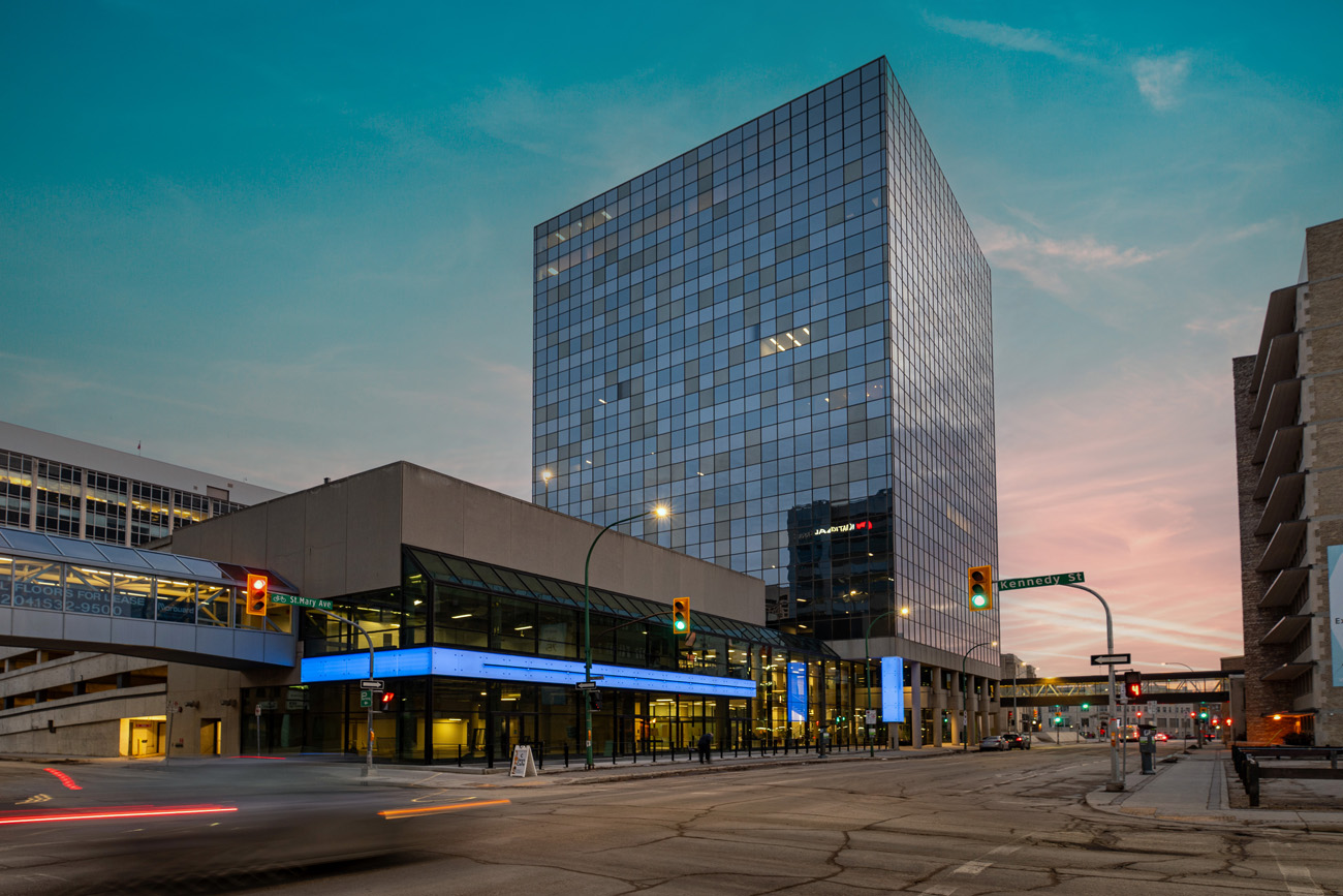exterior dusk photo of an office tower