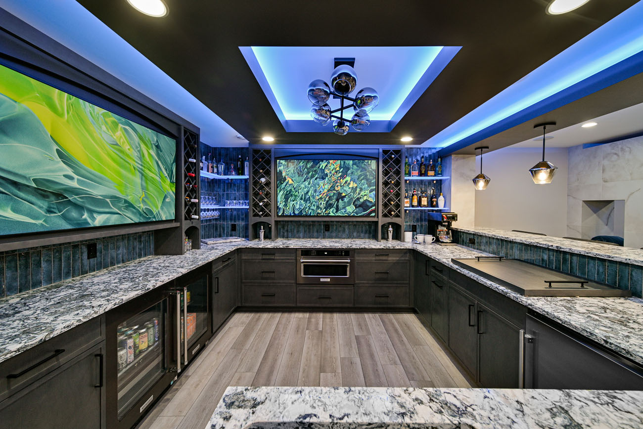 blue lighting basement bar 