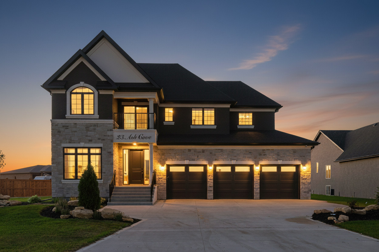 Large Showhome dusk with lights on